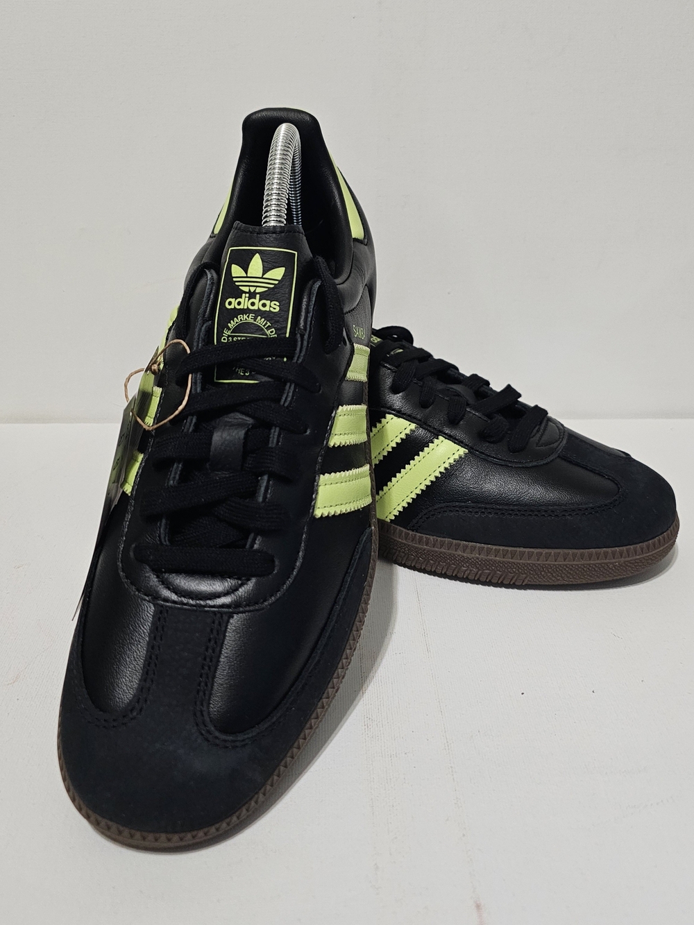Adidas sambas Women’s Black Sneakers with Neon Yellow-Green Stripes W11/M10